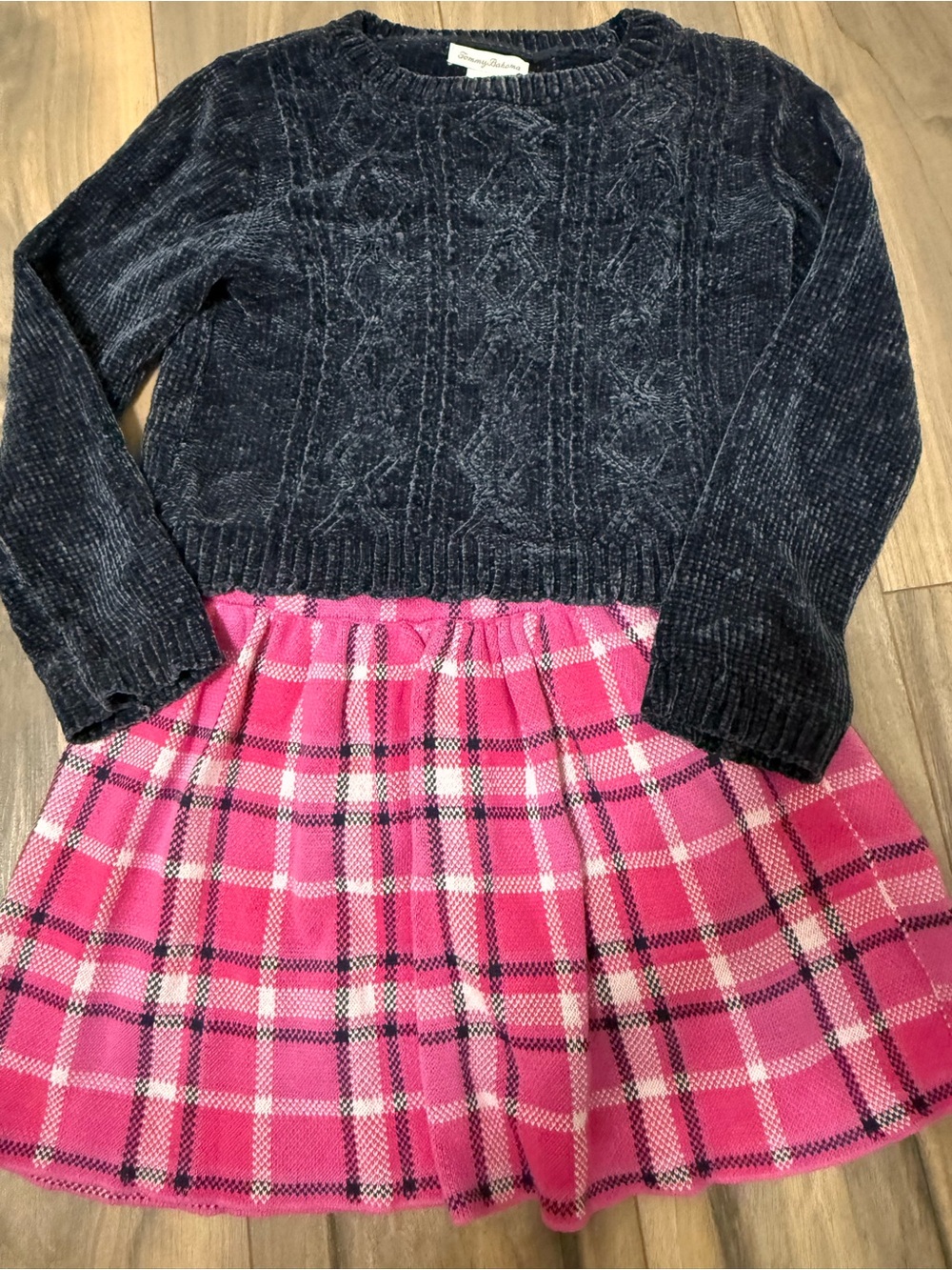 Tommy Bahama Girl’s Navy Sweater Top with Bright Pink Plaid Skirt